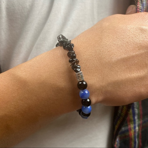 Mens Black Obsidian Blue Aventurine Necklace and Bracelet Beaded Set - Picture 2 of 5